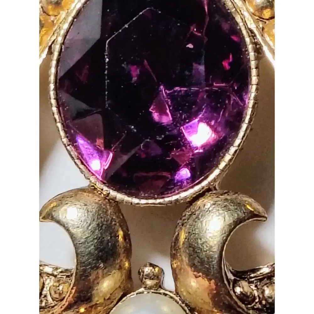 Vintage Avon Purple Crystal Faux Pearl Gold Tone Pendant Necklace